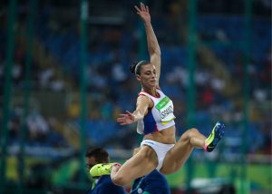 RIO DE JANEIRO, BRAZIL - AUGUST 17, 2016: Serbia's Ivana Spanovic competes to win bronze in the women's long jump final at the Rio 2016 Summer Olympic Games, at the Olympic Stadium. Valery Sharifulin/TASS (Photo by Valery SharifulinTASS via Getty Images)