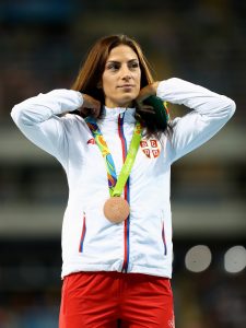 RIO DE JANEIRO, BRAZIL - AUGUST 18: Bronze medalist, Ivana Spanovic of Serbia, poses on the podium during the medal ceremony for the Women's Long Jump on Day 13 of the Rio 2016 Olympic Games at the Olympic Stadium on August 18, 2016 in Rio de Janeiro, Brazil. (Photo by Ryan Pierse/Getty Images)